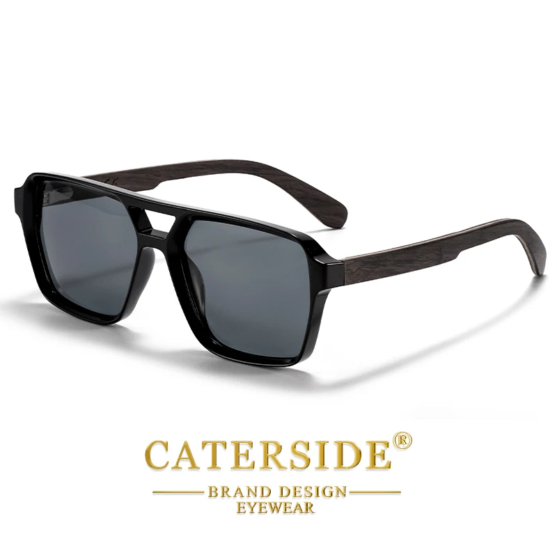 CATERSIDE Piloten-Sonnenbrille für Herren, Massivholz-Bügel, flaches Doppelbrücken-Design, Sonnenbrille für Damen, Sommer-Outdoor-Modebrille – Detail 4