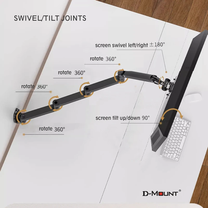 D-MOUNT 7014 زنبرك ميكانيكي من الألومنيوم 17 "-32" شاشة تلفزيون مثبت على الحائط قوس إضافي 4 أقسام ذراع طويلة حركة كاملة تدور 3-6 كجم