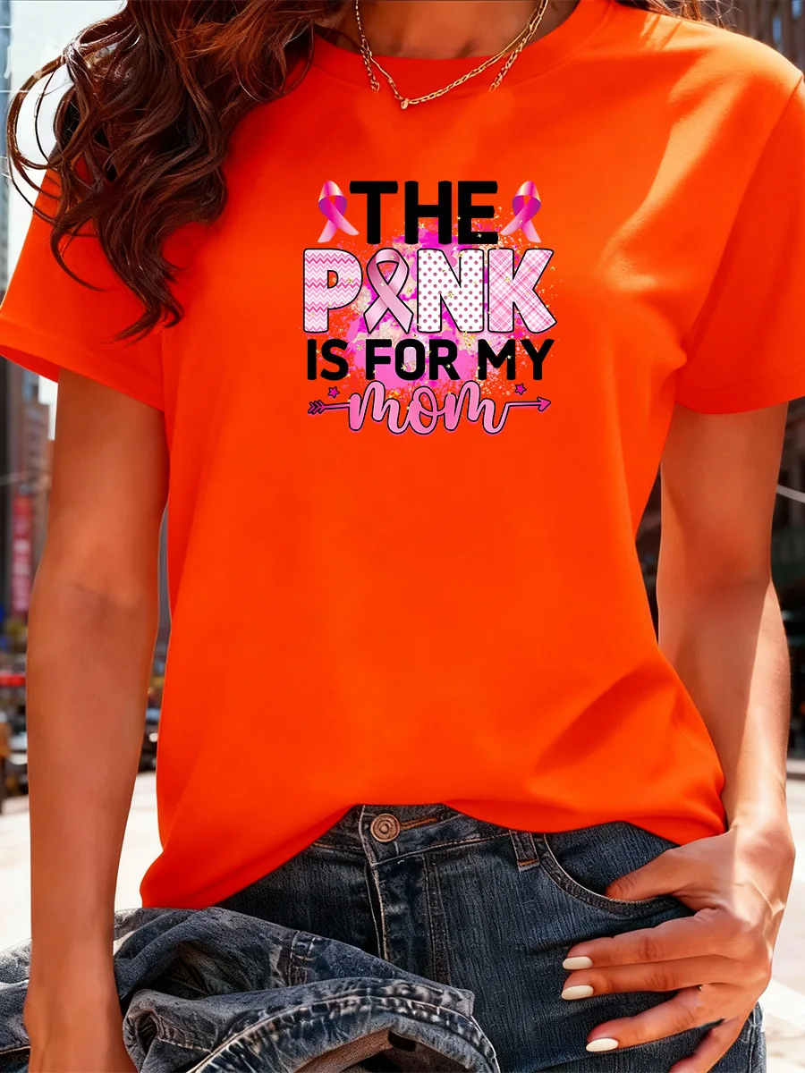 تي شيرت أسود قصير الأكمام "وردي لأمي" للتوعية بسرطان الثدي مع شريط وطباعة حروف #5