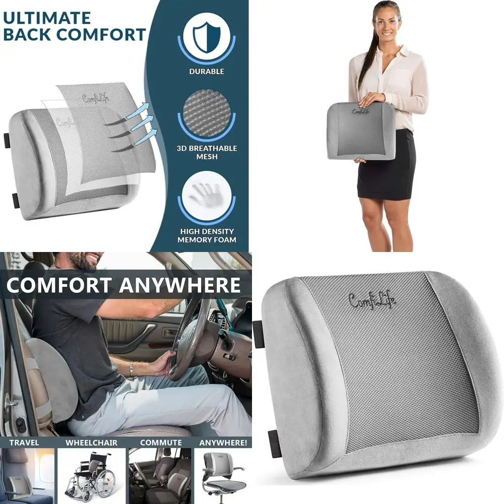 

Memory Foam Lumbar Support Pillow for Office and Car Seats - Adjustable Strap, 3D Mesh, Gray