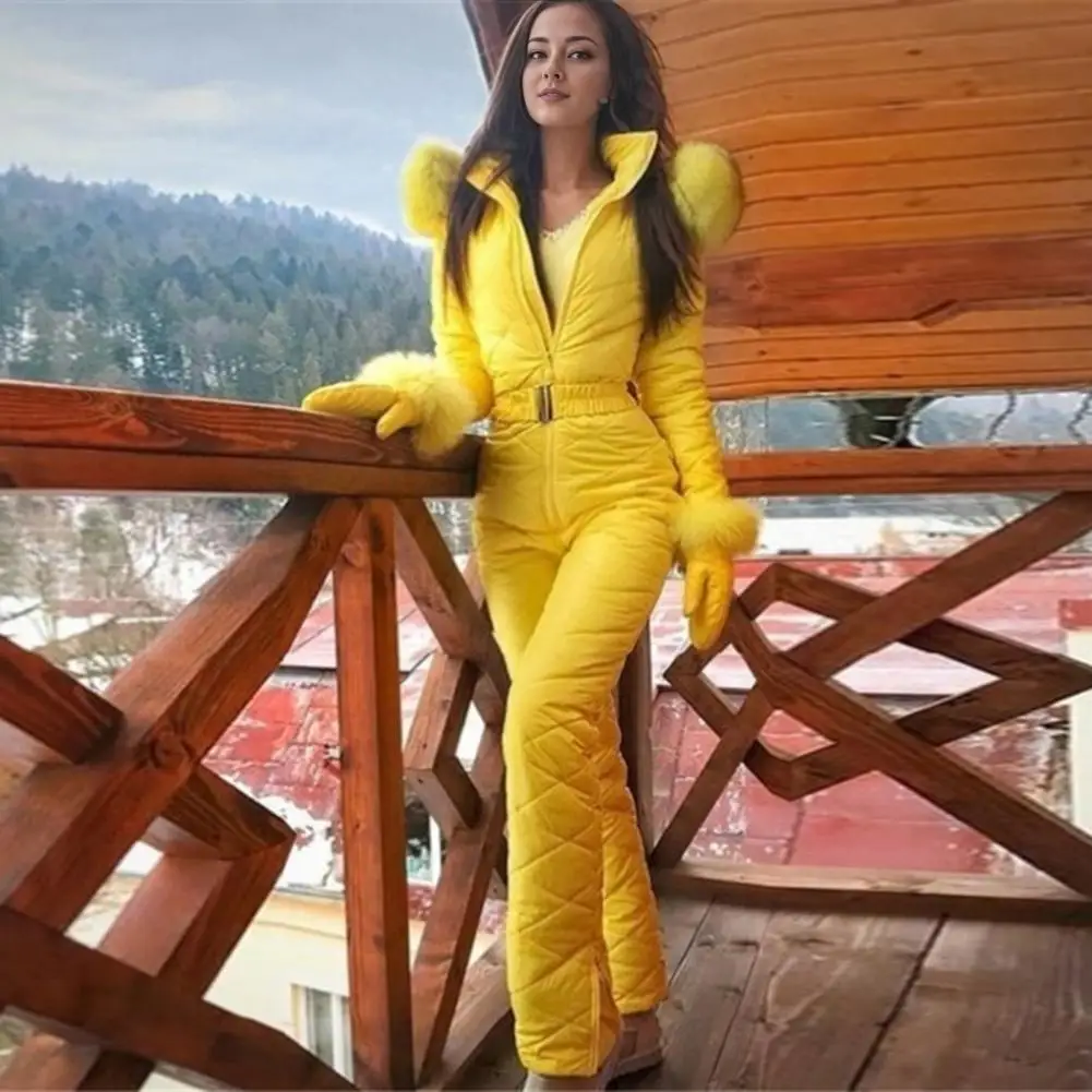 Women Waterproof Ski Jumpsuit 2025 High-quality Ski Windproof Snowsuit Furry Hood Skiing Mountaineering Snowboard Jumpsuits