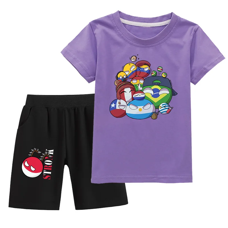 New Baby Boys Girls Polandball Countryball Anime T-shirt Short Set Cartoon Cotton Short Sleeve Casual Fashion Clothing Set
