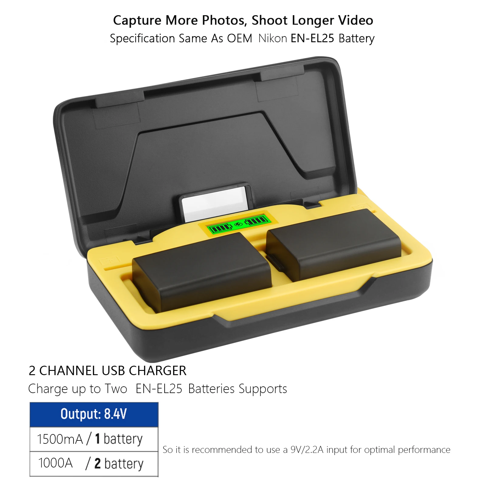 Batterie EN-EL25 1350mAh 2-Pack Con USB-C E Caricabatterie Doppio Veloce Per Nikon Z30 Z50 ZFC – Display Digitale E Custodia Porta-SD