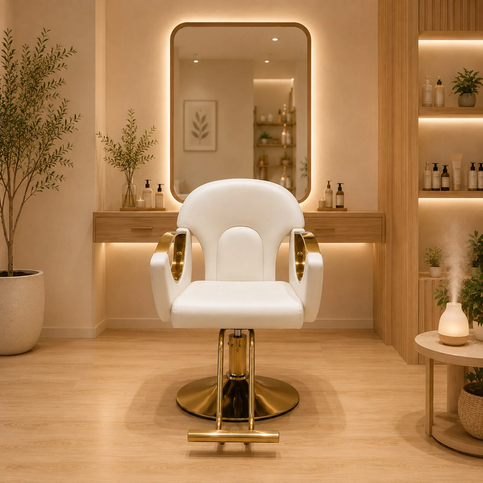 Salon Barber Chair Hydraulic Reclining Gold Metal Base 360 Degree Rotation Hair Chair