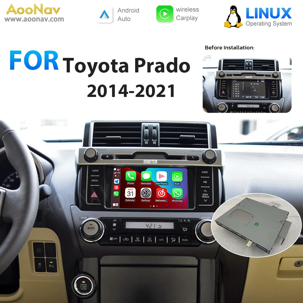 AOONAV Linux System Mirror Link Box For Toyota Prado 2014-2021 Wireless Apple CarPlay Android Auto Stereo Oem Screen Upgrade