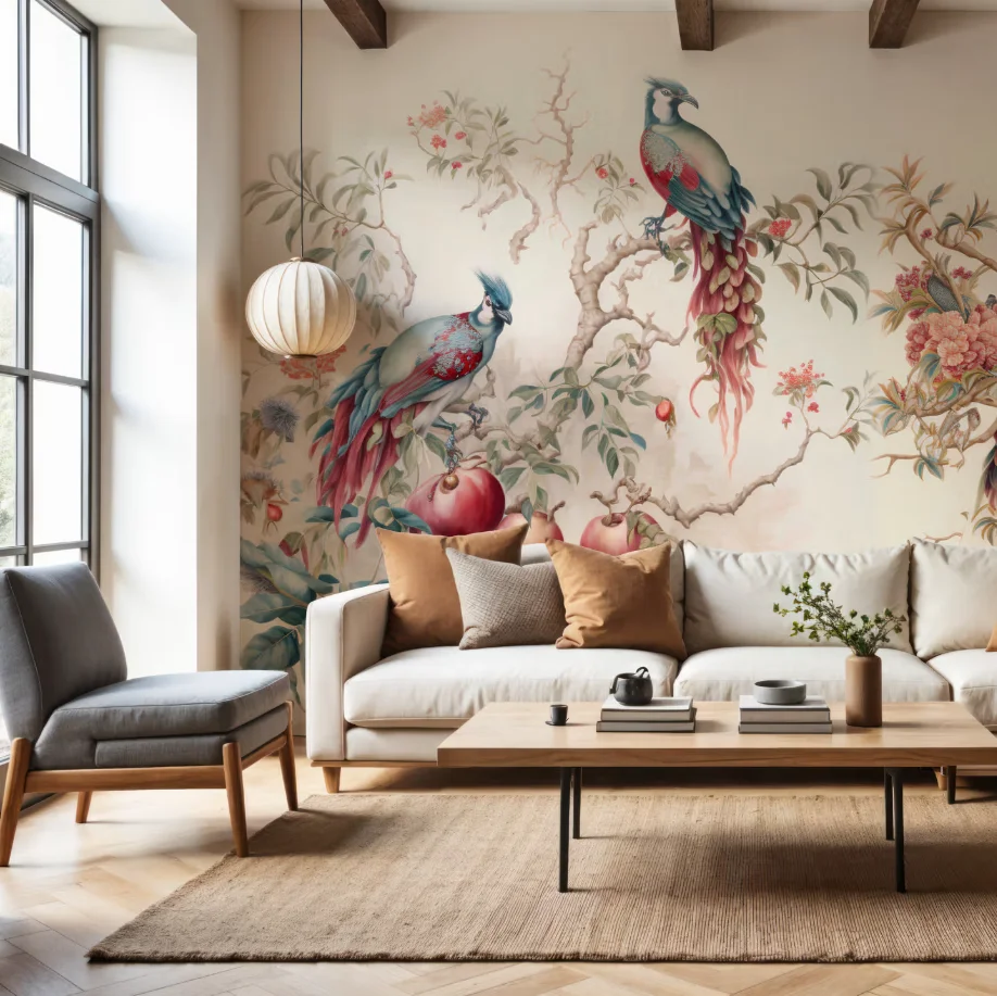 Customized mural hand-painted retro peacock magnolia wallpaper, Chinese branch flower mural, home decoration 3d wallpaper