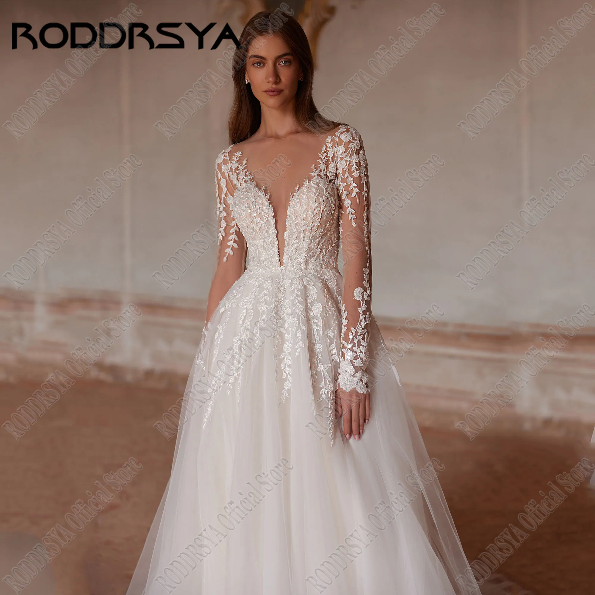 Roddrsya charmante Tüll Brautkleid lange Ärmel o Hals Applikation Vestidos de Novia eine Linie Brautkleid Sweep Train angepasstRODDRSYA Charming Tüll Brautkleid Lange Ärmel O-Ausschnitt Applikation Vestidos De Novia A