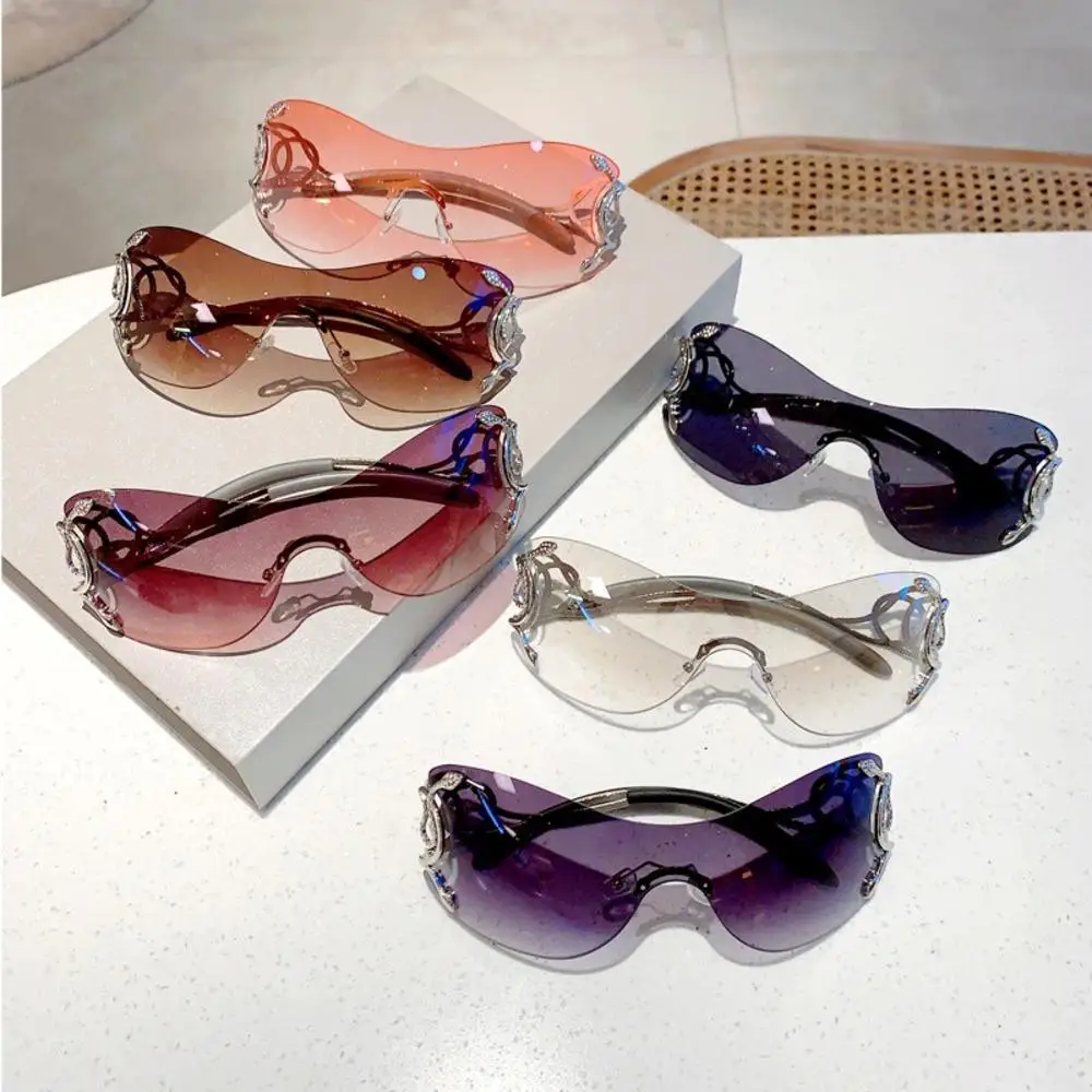 Rimless Gradient Snake Shaped Mirror Leg Sunglasses Oversized  Y2k Trendy Wrap Around Punk Technological Goggles Shades Women