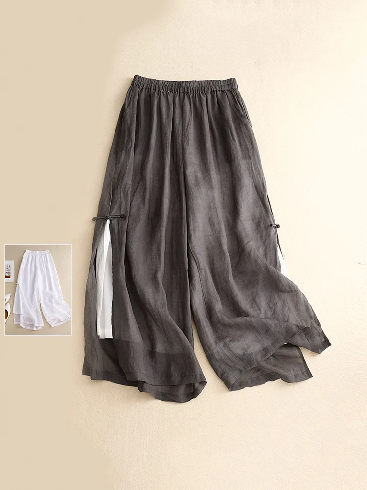 

Retro Button Pure Color Double Layer Straight Wide Leg Pants Summer plus Size Women's High Waist Dra Slim Side Slit Long ...