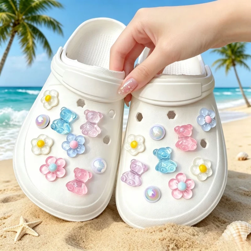18pcs DIY Shoe Buckle Decorations for Women Pink Purple Blue Flash Bear Flower ABS Pearl Shoe Buckle Set