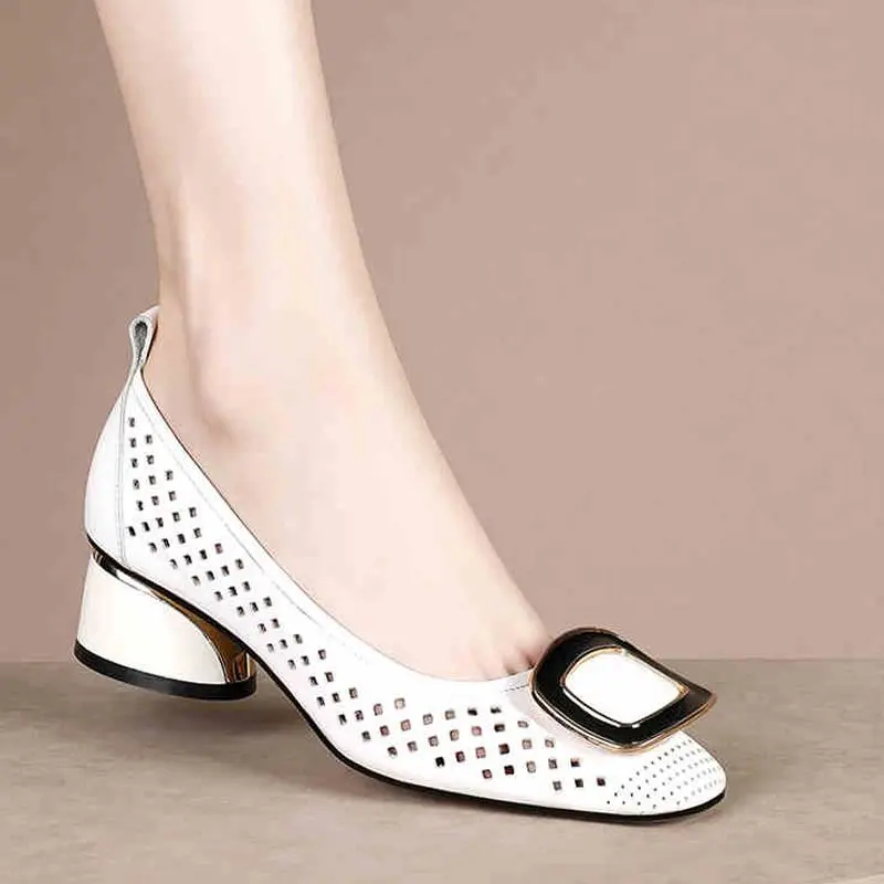White with Medium Heels Shoes for Women 2024 Black Office Chunky Square Toe Normal Leather Casual Block Heel on Promotion A Sale