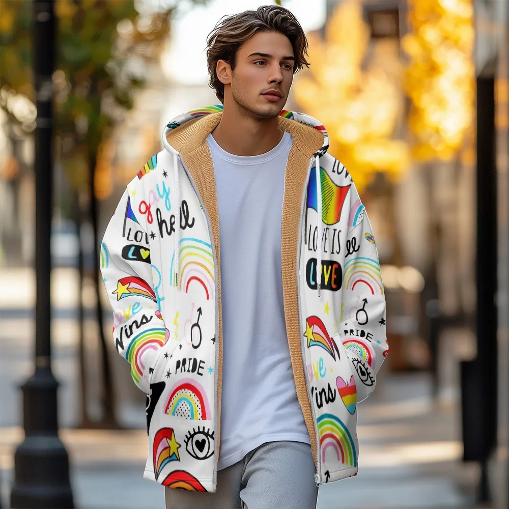 Men Jackets Coats Rainbow Love Flowers Printed Plush Thick Winter Art Graphics Outdoor Casual Large Size Streetwear Clothing