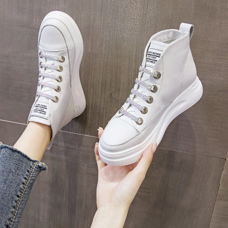 CXJYWMJL Genuine Leather Women Autumn Sneakers High Top Vulcanized Shoes Ladies Casual Thick Bottom Winter Shoes Skate Female