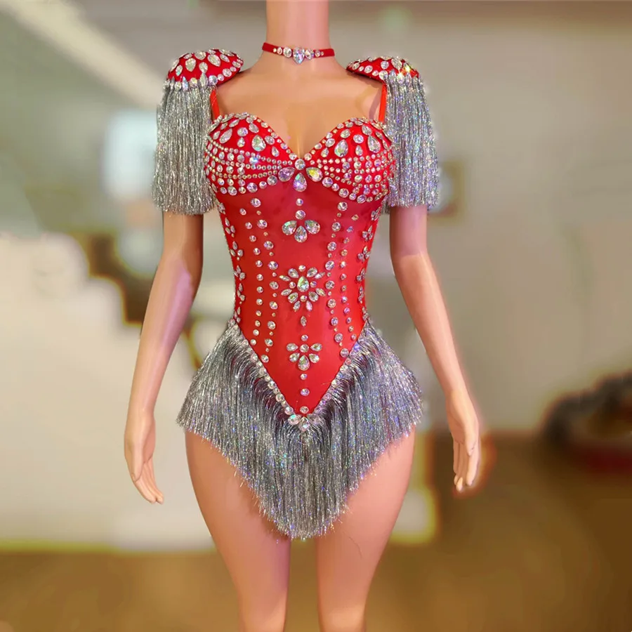 

Bar Nightclub Red Rhinestones Tassel Bodysuit Sexy Show Stage Wear Women Dancer Team Jazz Performance Clothes Drag Queen Costume