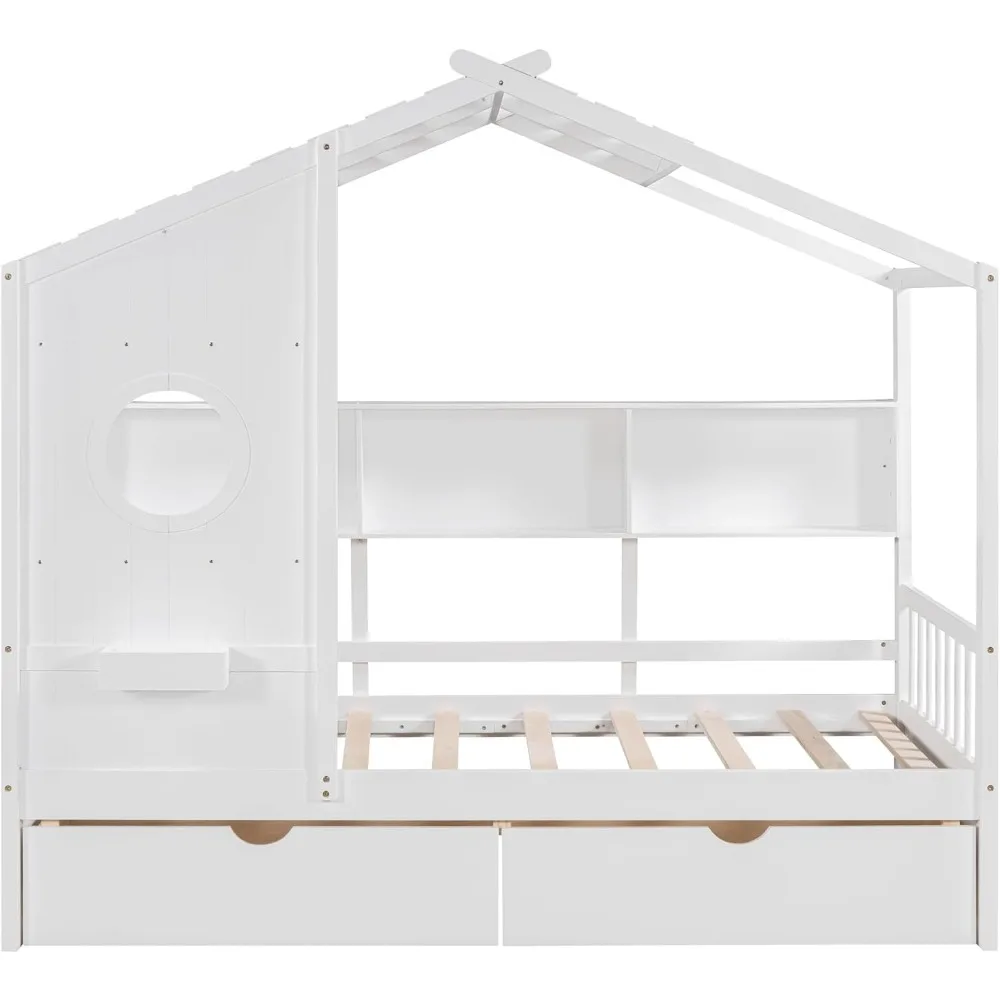 Twin House Bed with Storage Drawers & Bookcase, Montessori Bed Twin Platform Bed Frame with Rails & Roof, Solid Wood Playhouse