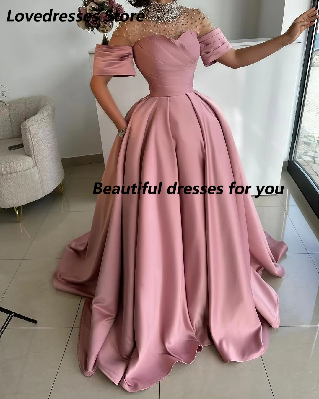 Customized Pink High Neck Beading Evening Dresses Short Sleeves Prom Dresses Pleated Long Party Dresses vestidos de novia