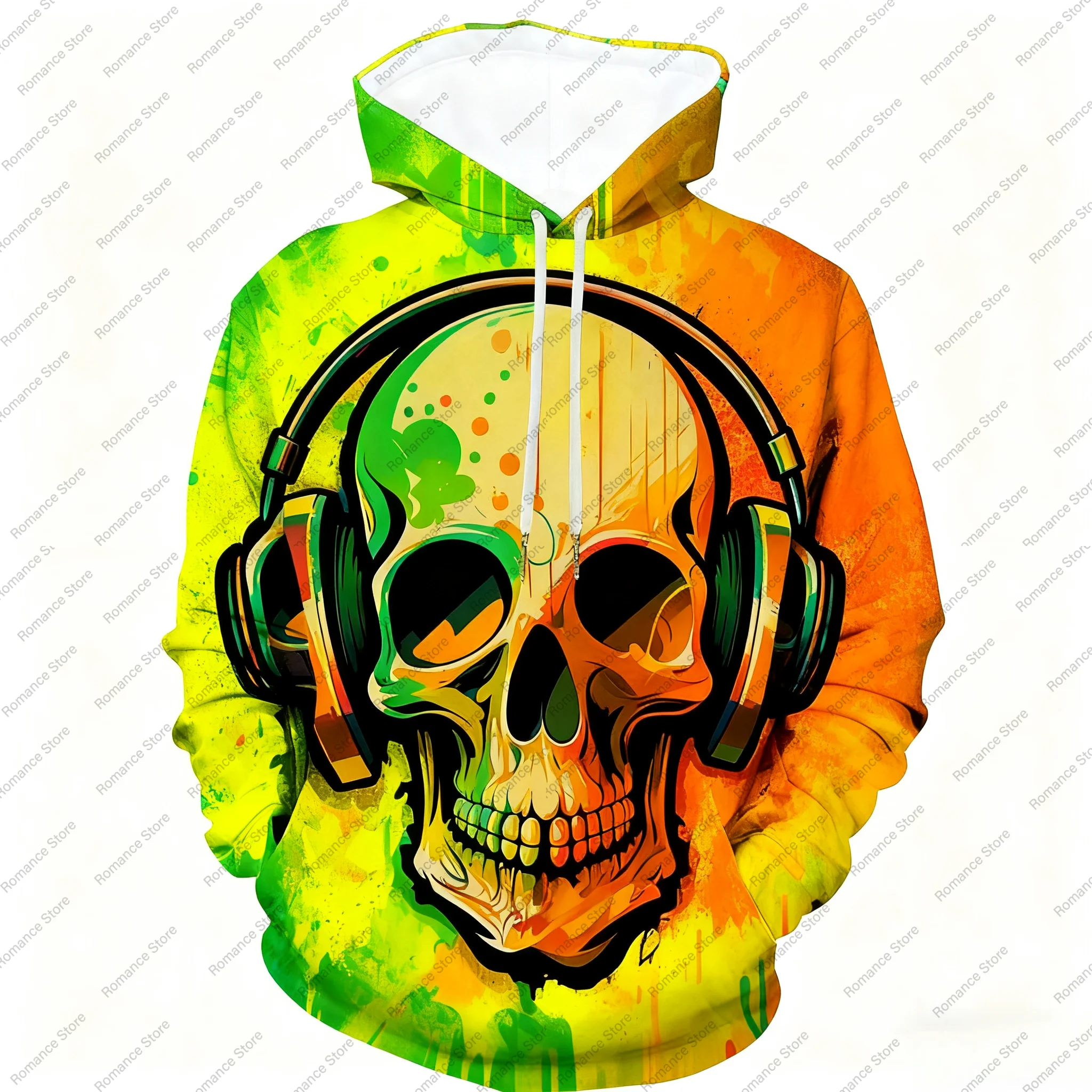 Vibrant Colorful Graffiti Art Men's 3D Skull Hoodie Headphones Design  Casual for Fall and Winter Women's Hoodie Kids Hoodie
