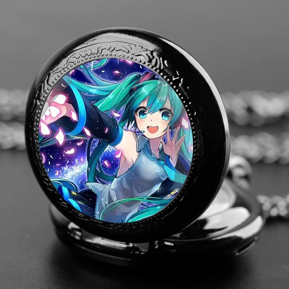 Japan Anime Miku Glass Dome Quartz Pocket Watch for Women Men Black Necklace Unique Pendant Clock Chain Watch Gift Accessories