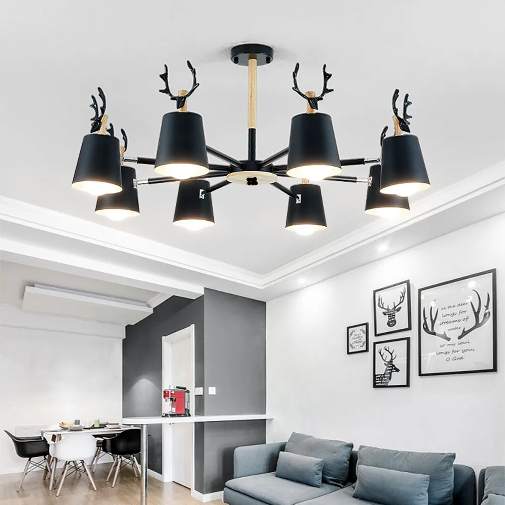 

Nordic minimalist modern iron antler chandelier E27 black and white chandelier lighting Kitchen Restaurant Bar wooden lamp