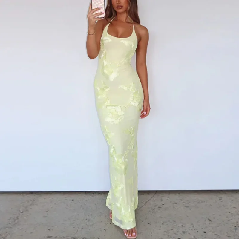 Sexy Stickerei Jacquard Spitze-up Halter Leibchen Kleid Frau Elegante Dünne Bodycon Langes Kleid Sommer Backless Split Bankett Kleid