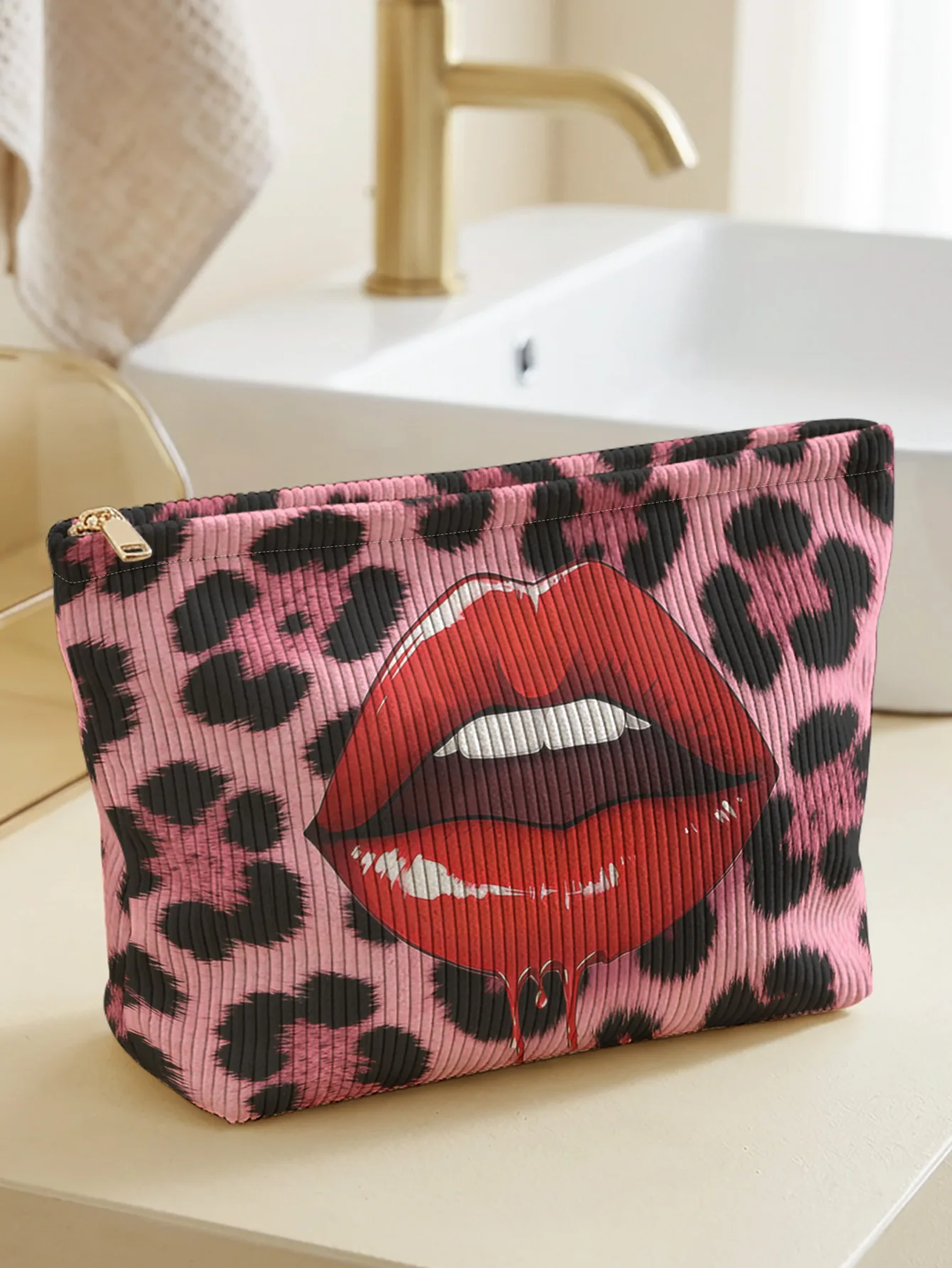 Pink leopard print red lips corduroy makeup bag, lightweight zipper pouch, multi-purpose lined cosmetic storage bag