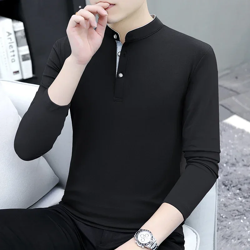 Browon Merk Lente Herfst T-Shirts Man Opstaande Kraag Effen Kleur Lange Mouw Fit T-Shirt Heren Zakelijk Casual Mode Heren Tops