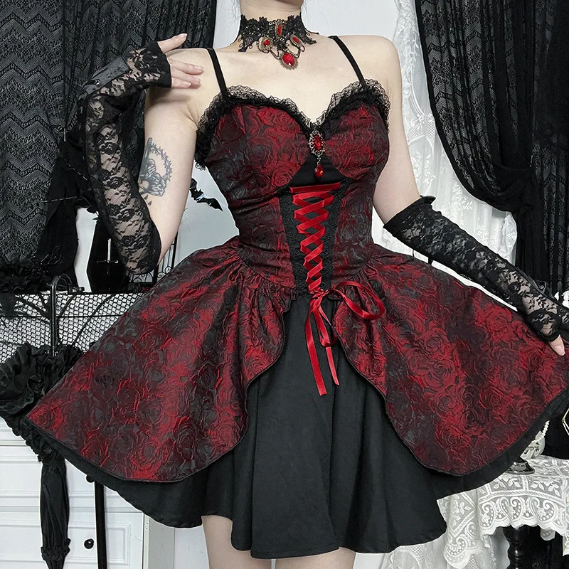 

2025 Red Rose Jacquard Suspender Skirt New Autumn Black Gothic Style Long Skirt Dress Women Elegant Fashion Beautiful Women's