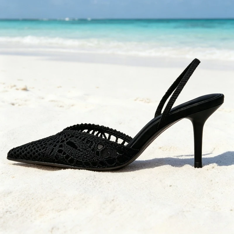 Novely Hollow Woven Design Heels for Ladies Sexy Pointed Toe Slingback Summer High-heeled Sandals Elegant Designer Dress Shoes view 4