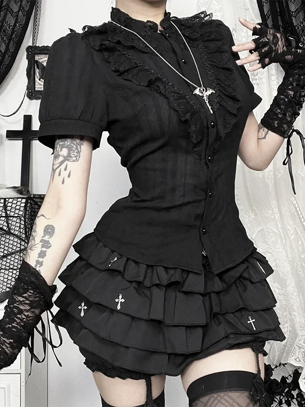 

Хэллоуин Готический Sle ort Sve irt и пышная юбка Комплект Spicy Girl orm Хлопок Дышащий круглый Ne Button Closure