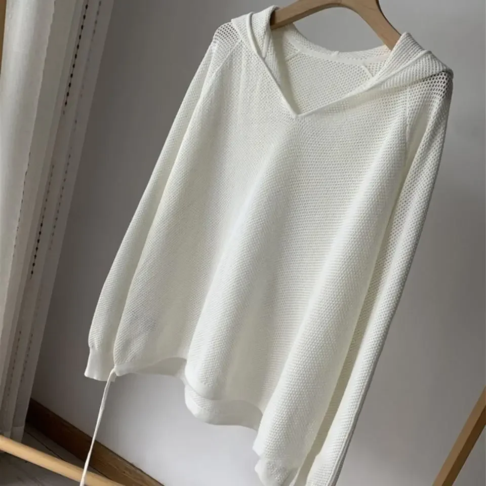 Women Hollow Out Hooded Knitwear Spring Summer White Long Sleeve Casual Loose Pullover Tops Female Sweater