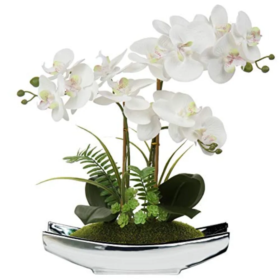 

Orchids Artificial Flowers 15" White Phalaenopsis Orchid with Silver Pots Real Touch Faux Orchid Plant for Home Office Living R