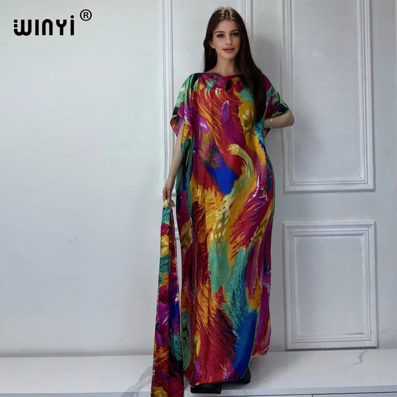 

WINYI 2024 Новые африканские женщины Дашики Бохо печать мусульманская женщина Дубай свободный размер дизайн с шарфом Макси свободное Африканское элегантное платье