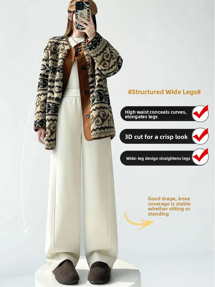 Spodnie damskie z szerokimi nogawkami, jesienno-zimowe, ocieplane, z wysokim stanem, proste, codzienne, zwiewne, typu knife, dresowe.