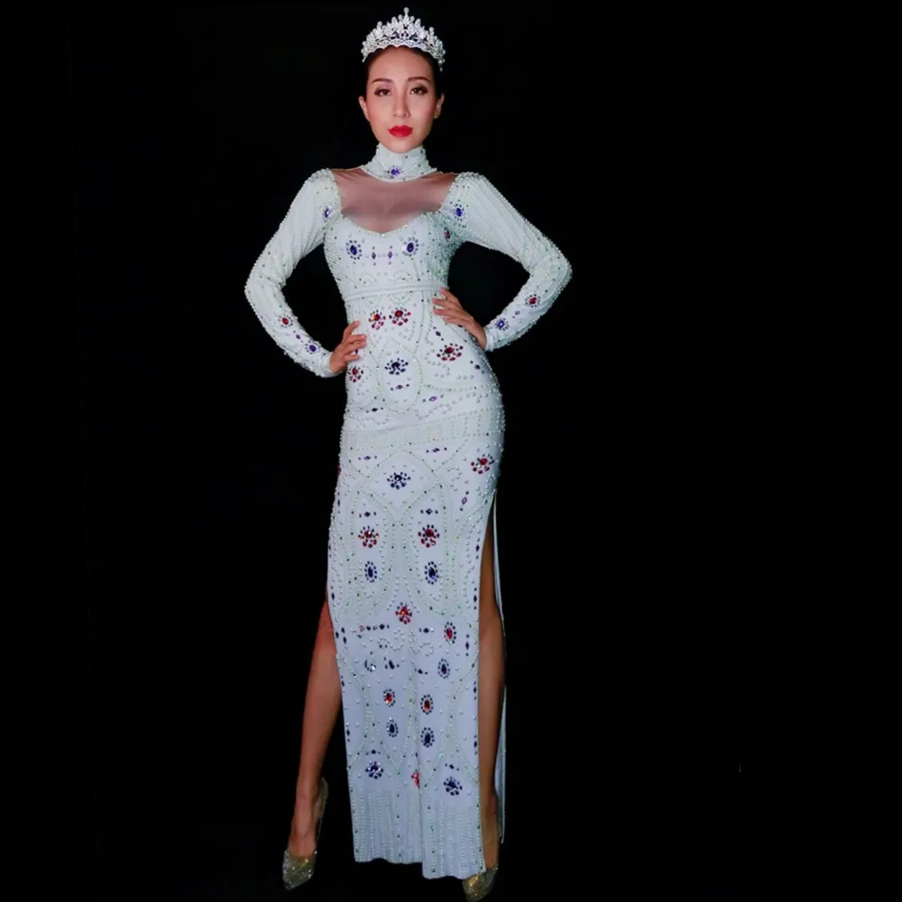 Vrouwen Sparkly Steentjes Parel Lange Jurk Avond Vieren Feest Verjaardag Jurken Model Stadium Catwalk Fotoshoots Dragen