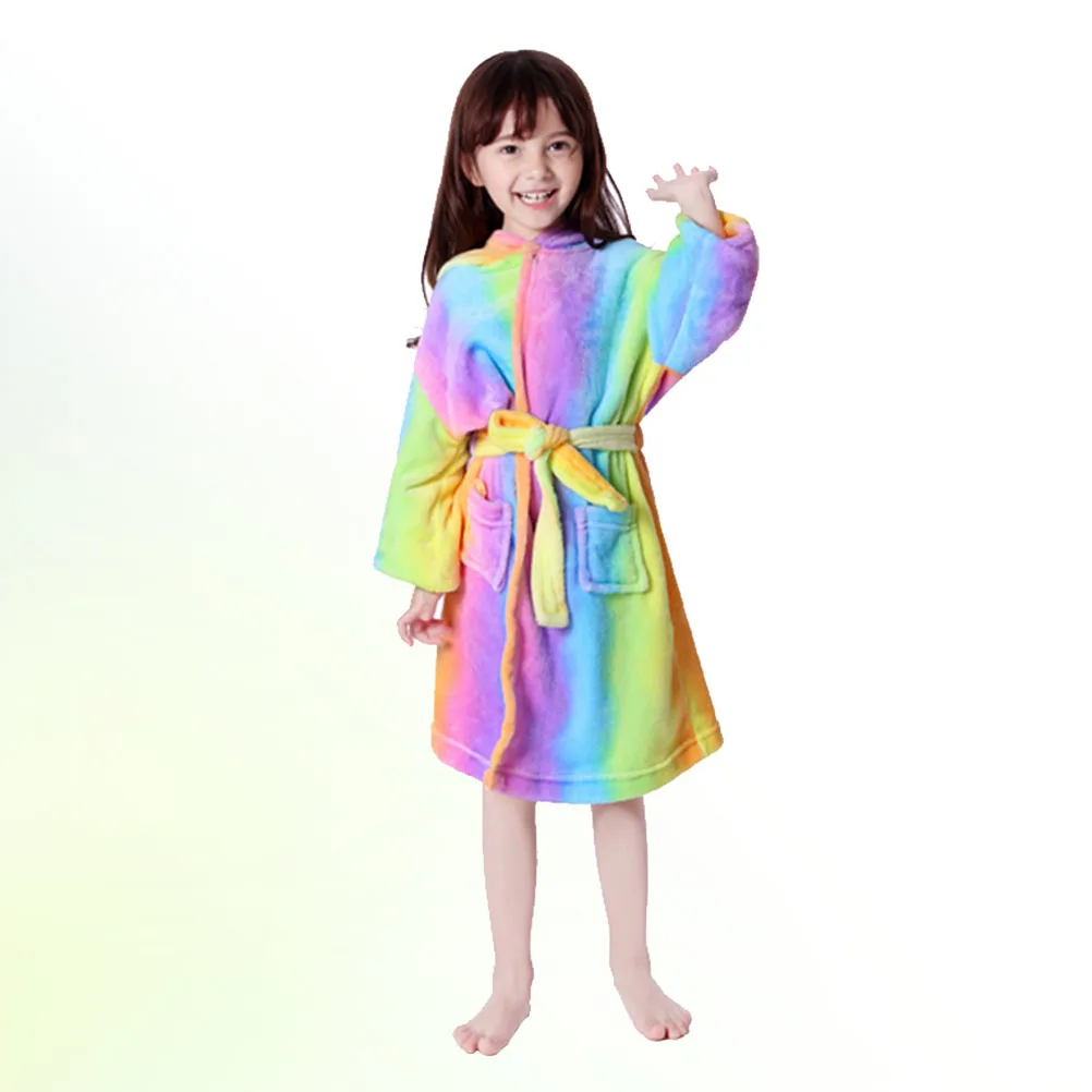 

Rainbow Unicorn Bathrobe Flannel Girls Nightgown Kids Home Wear Soft Coral Fleece Belted Warm Hooded Animal Pattern Bath