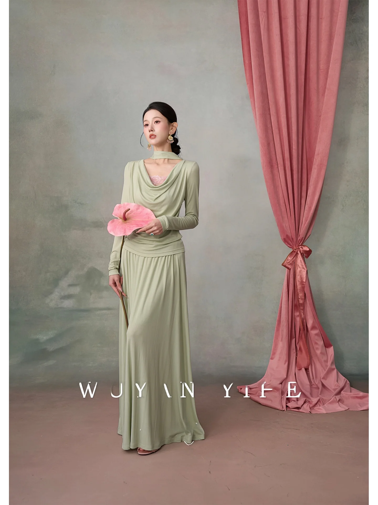 

Romantic Silk Knitted Long Sleeve Blouse with Sash Neckline And Midi Skirt Set for Women Spring Fashion Casual Workwear