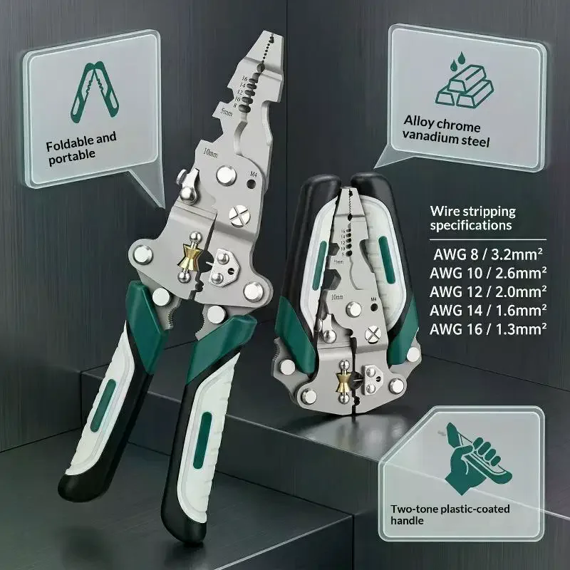 Pliers Wire Stripper Heavy Duty Multifunctional Portable Crimping Tool Wire Cutter Multi-Tool Wire Stripper Pliers Foldable