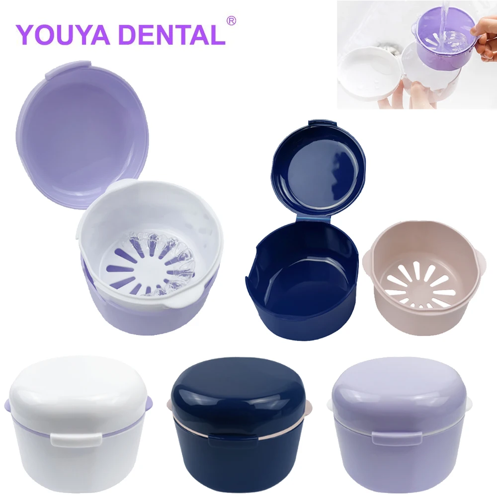 Portable Denture Bath Box Cleaning Teeth Case Dental False Teeth Storage Box With Hanging Net Container Denture Organizer Boxes