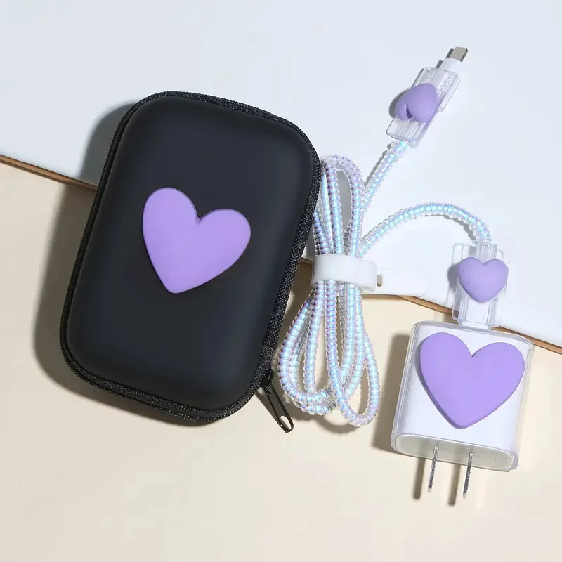 Y2k Cute 3D Candy Color Love Heart+EVA Storage Bag Set Charger Cover For IPhone 12 13 14 18W-20W Charge Correa Protection Sleeve