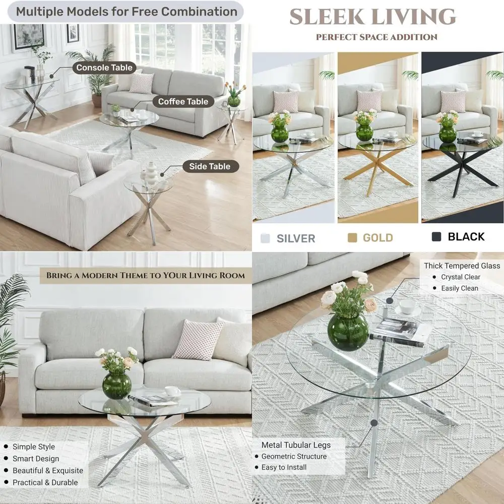 

Modern Clear Glass Coffee Table for Living Room & Home Office, 35.5W x 19.7H, Silver Frame