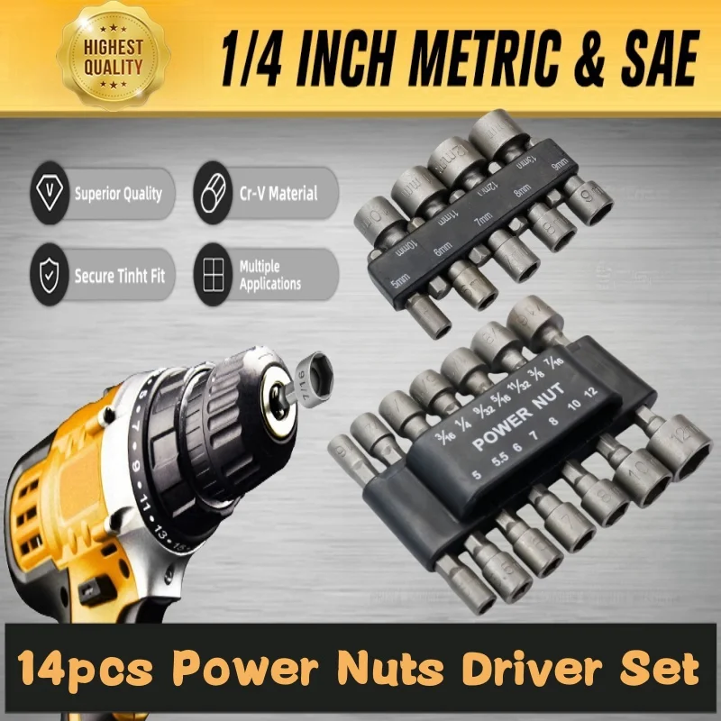 14pcs Power Nuts Driver Drill Bit Tools Set 1/4” Hexagon Socket Wrench Screw Adapter Screwdriver Kit Bolt Drivers Repairing Tool