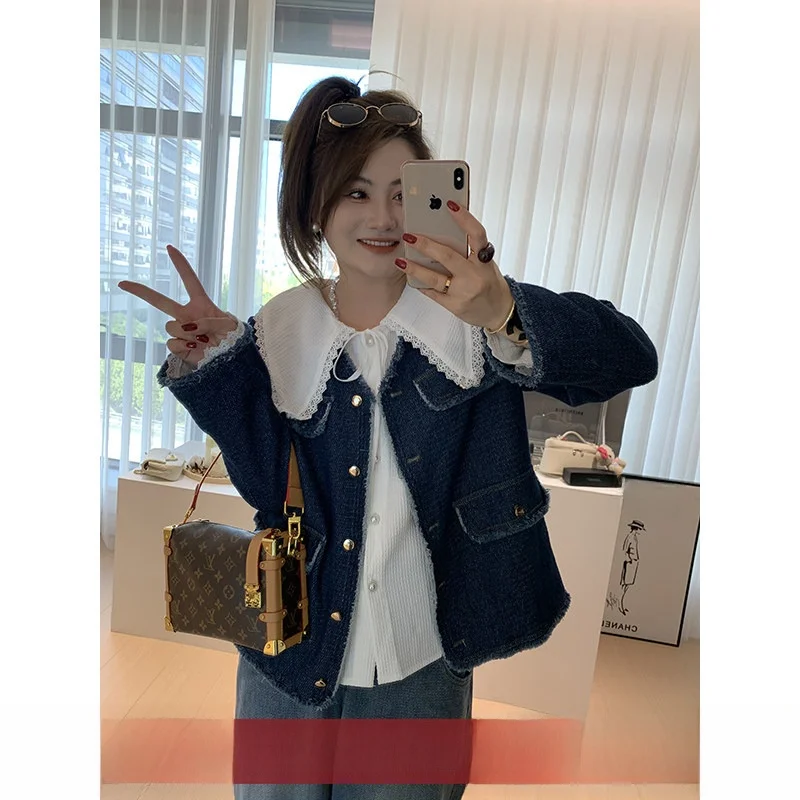 

Faionable Embroidered Denim Jaet Women's Casual Sle V-Ne Long Sve Ultra-ort Length Loose Fit Polyester Cotton Blend