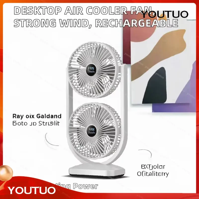 for 3000mAh USB Rechargeable Low Noise Dual Head Desktop Fan Strong Airflow Box Packaging Easy Operation Africa Bestseller