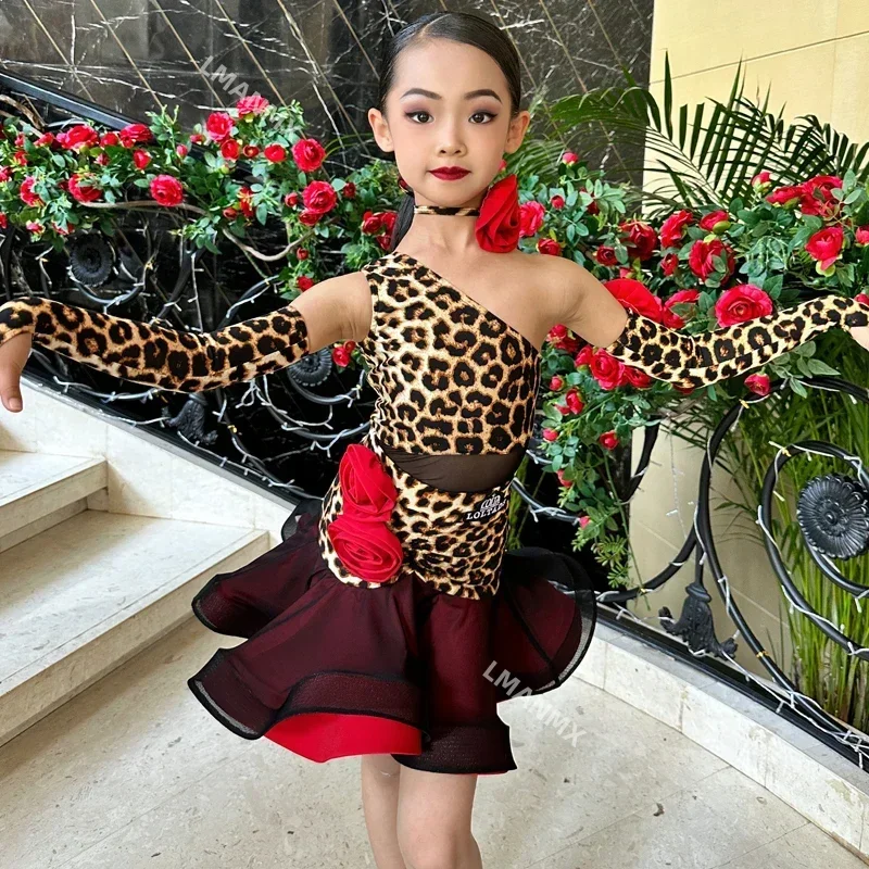 Sukienka do tańca latynoskiego Jedno ramię Leopard Sukienka do tańca latynoskiego Dziewczęca profesjonalna sukienka do tańca latynoskiego Salsa Wear — zdjęcie 3