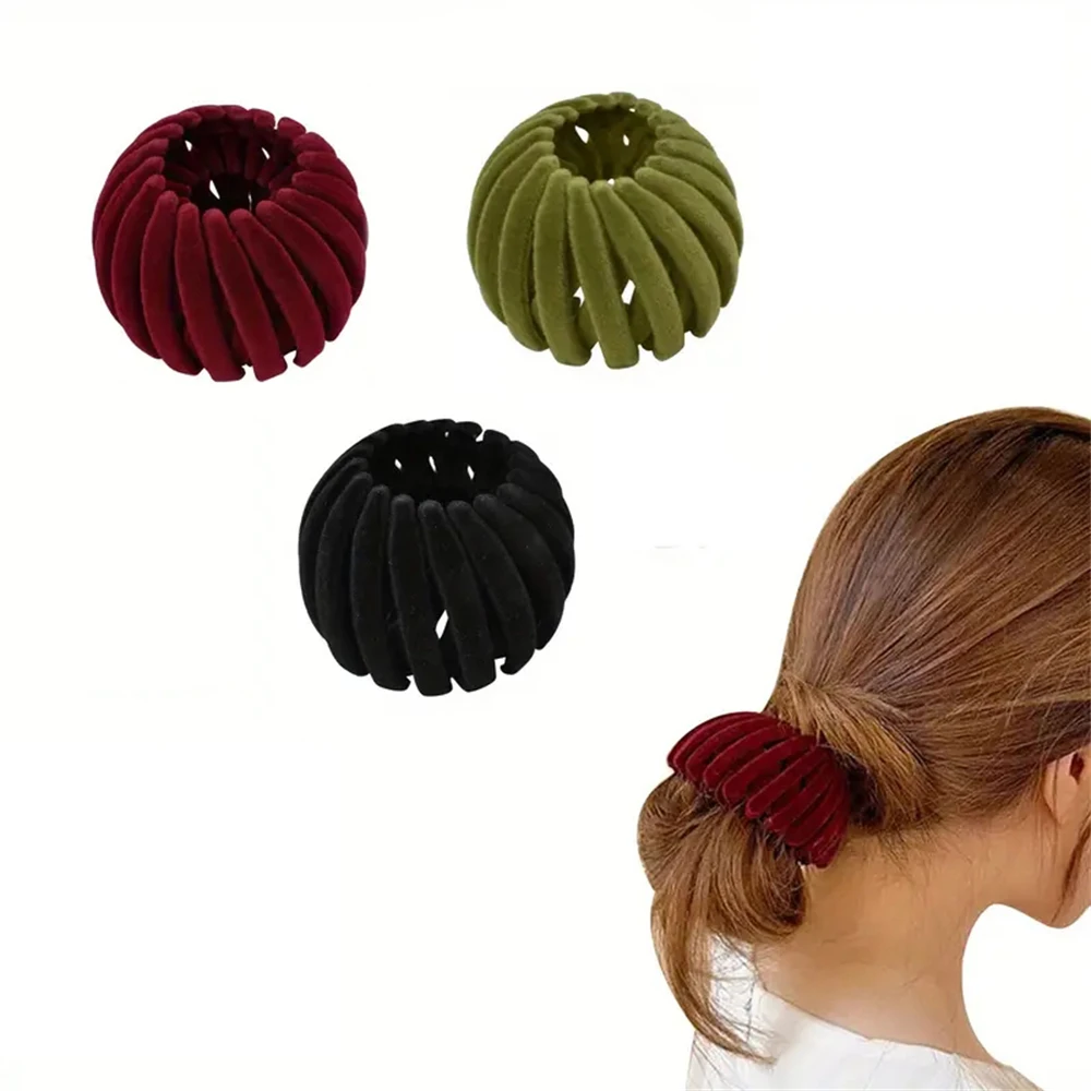 1pcs Fashion Flocking Expandable Hairpin Curling Birds Nest Shaped Ponytail Immobilization Retractable Hair Clip Hairstyle Women