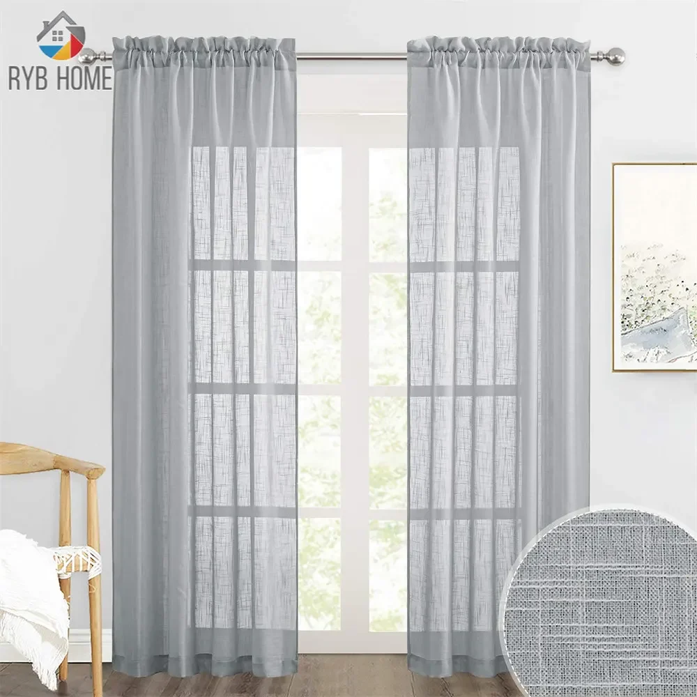 RYB HOME-White Semi Sheer Curtains, Linen Blend Drapes, Living Room, Bedroom, Patio Door, 2 Panels