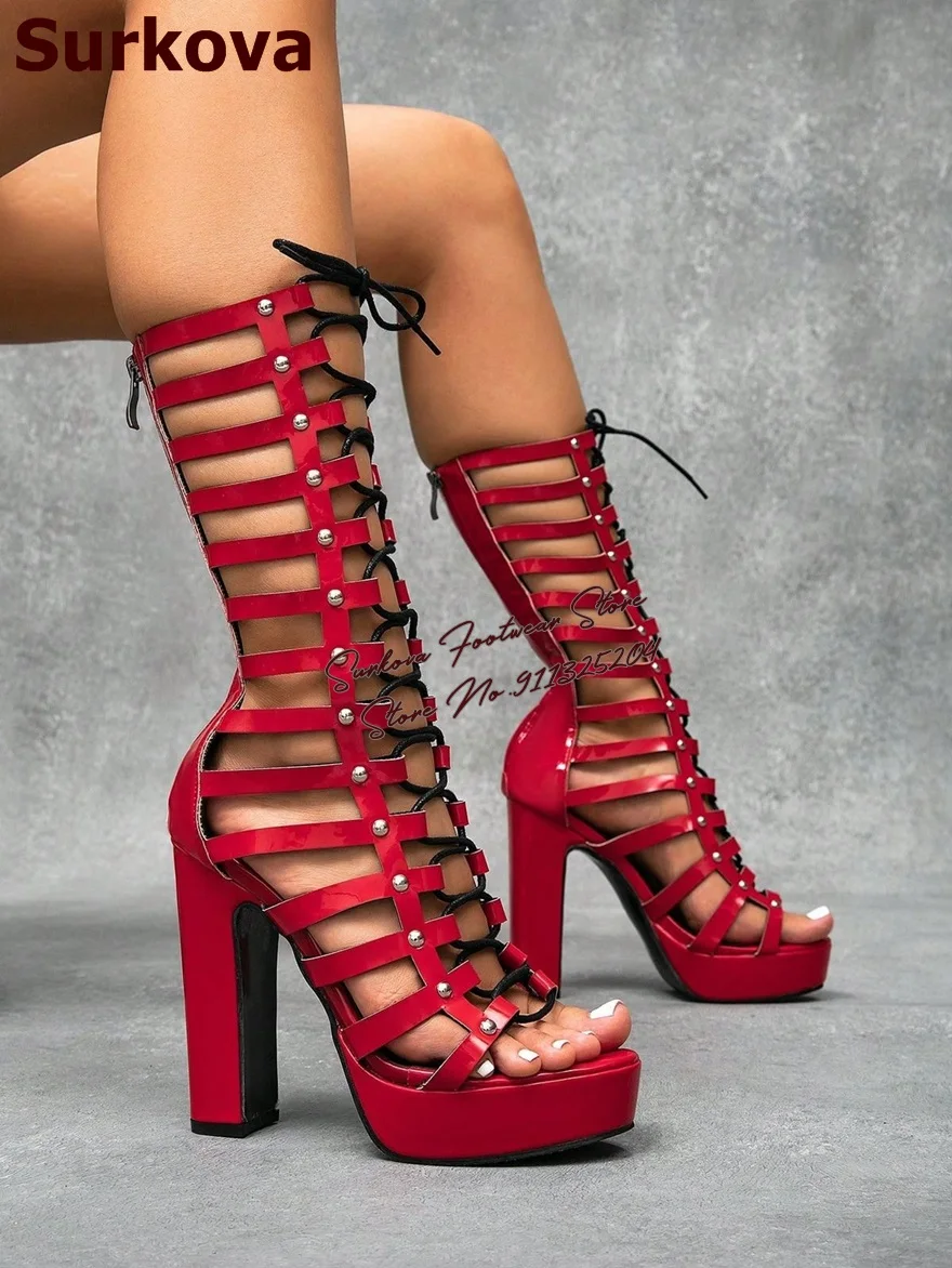 

Surkova Red Strappy Caged Chunky Heel Mid-calf Boots Block Heels Metal Studded Middle Summer Sandal Boots Lace-up Hollow Shoes