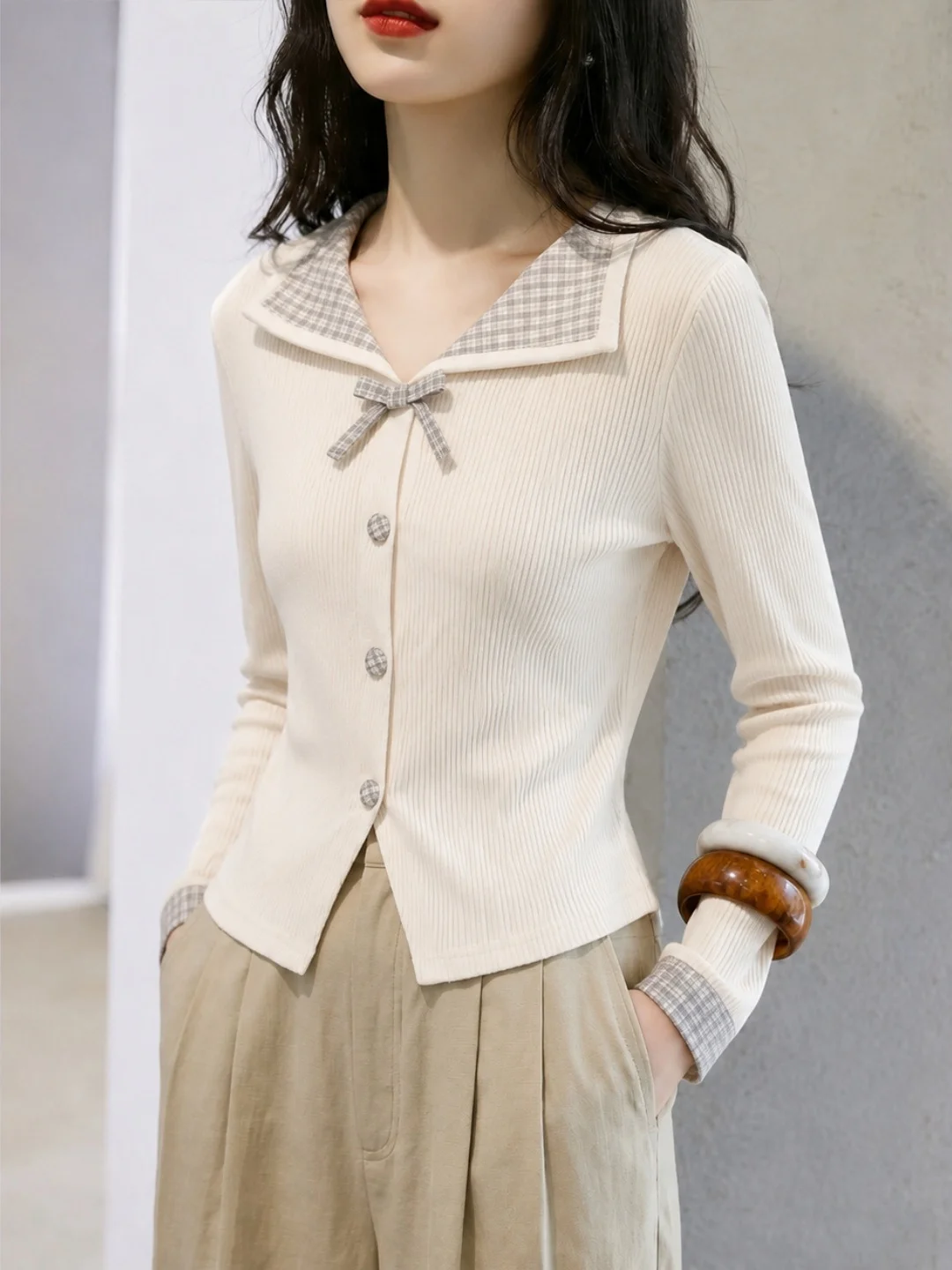 Trendy Korean Style Women's Knitted Long Sleeve Plaid Color Block Shirt Autumn New Arrival Anti-Aging Fashionable Top