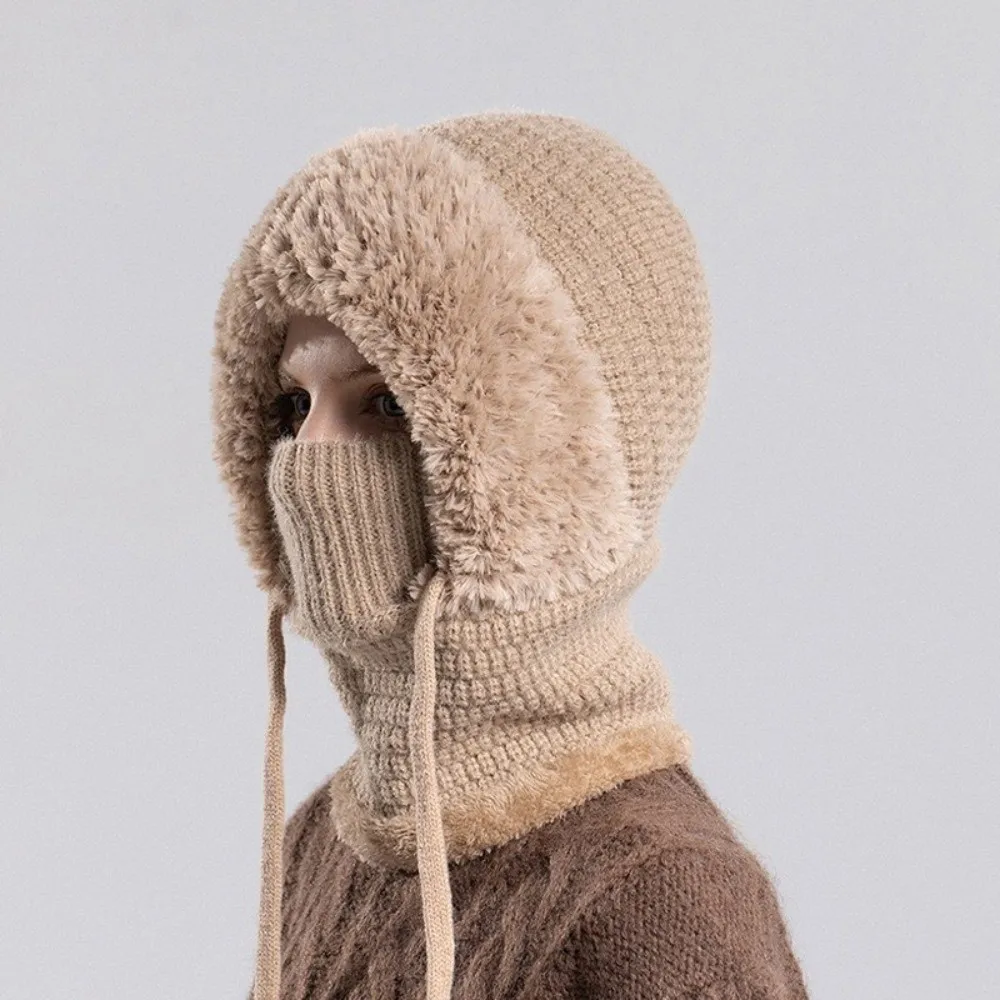 Fashion Multi functional Balaclavas Hat With Ties Solid Color Knitted Beanies Hat Hood Keep Warm Mask Neck Cover Set Winter