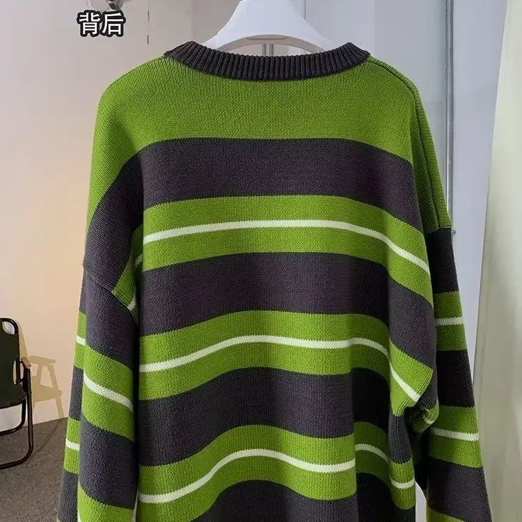 

Свитер в зеленую полоску в стиле ретро с допамином, свободный контрастный универсальный вязаный свитер для пары